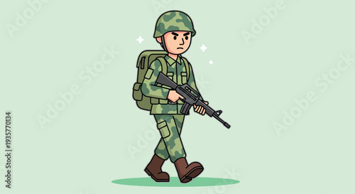 Brave Soldier in Full Military Gear Walking with Rifle.