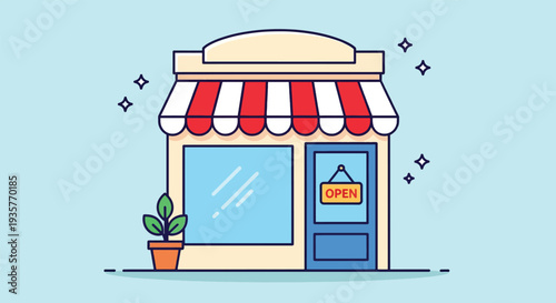 Charming Small Business Storefront with Open Sign and Plant.