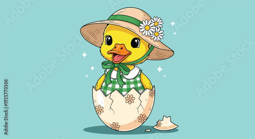 Cute baby duckling hatching from egg wearing a hat.