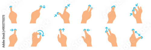 Flat color hand gesture icon set for mobile touchscreen interaction design.