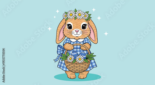 Cute Cartoon Bunny with Daisy Flower Crown and Basket.