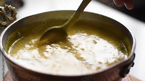 Soup is poured into a pot with golden handles; golden broth flows and splashes