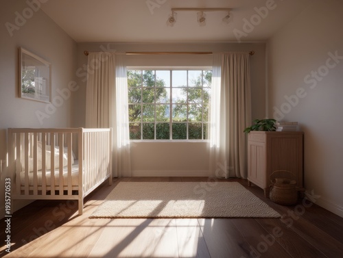 Sunlight streams through window onto wooden floor. Cradle stands near wall beside framed picture. Window curtains softly frame green garden view. Natural light casts warm glow across room