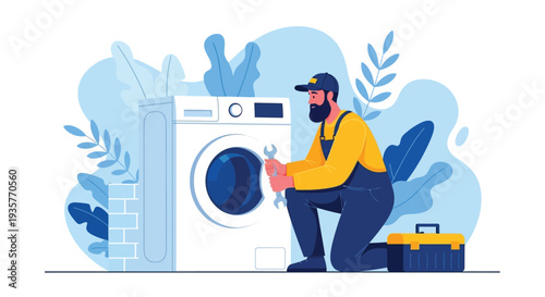 Appliance repair technician working on washing machine with tools and toolbox, providing professional service with care and expertise for home appliance maintenance and repair solutions