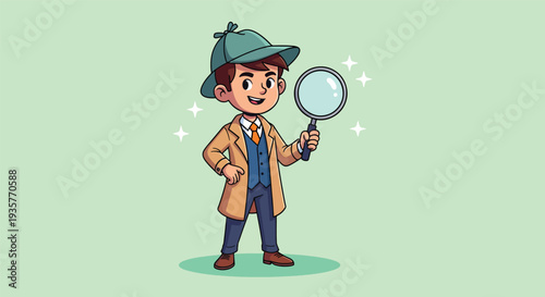 Cute Cartoon Detective Boy with Magnifying Glass.