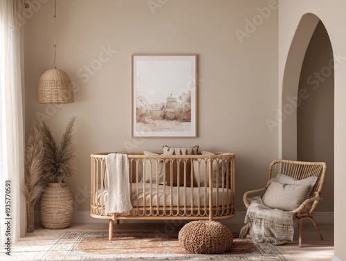 Minimalist nursery room with warm tones. Rattan crib and chair add cozy texture. Woven pendant light hangs above. Soft blanket drapes over crib. Art print decorates the wall