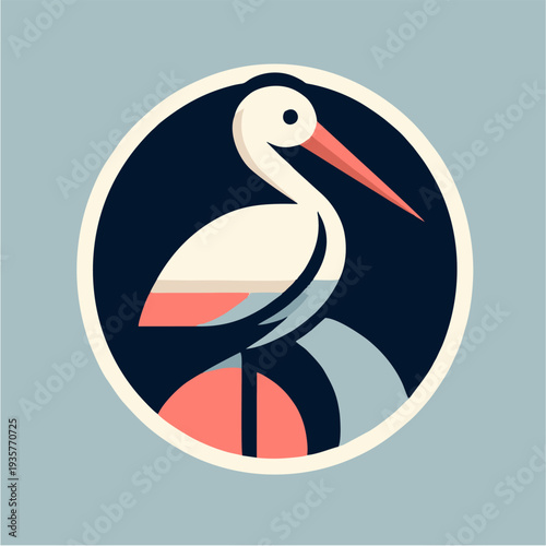 Vector illustration of a cute cartoon stork or pelican carrying a baby bird near a nature lake silhouette with beak and animal art design symbols