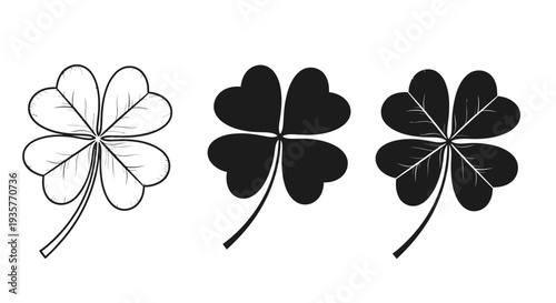 Three distinct representations of a four-leaf clover are displayed side-by-side on a white background.