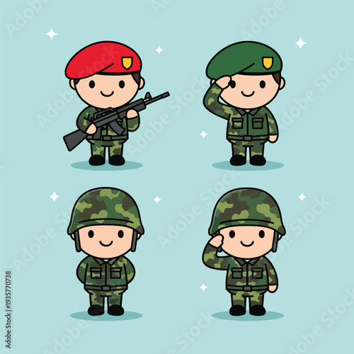 Cute Cartoon Soldiers Set with Various Poses and Uniforms.