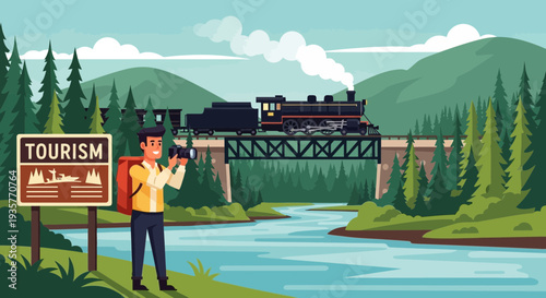 Man with backpack taking photo of train.