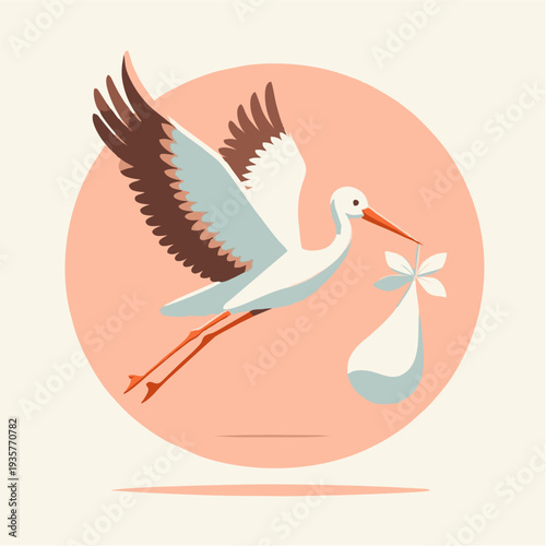 A cartoon vector illustration of a flying stork with a newborn baby boy in a pink blanket delivery design featuring a bird with large wings and a beak in the sky for a birth announcement card