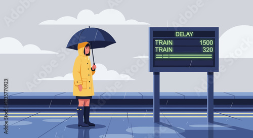 Person in yellow raincoat holding umbrella waiting for train.
