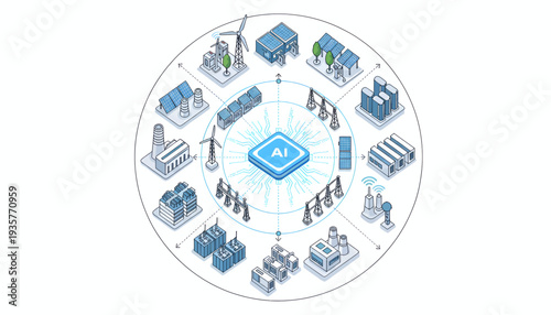 Digital Network Infrastructure Diagram with Central Hub and Connected Devices.