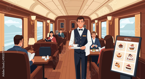 Waiter Serving Desserts in Luxury Train Dining Car.
