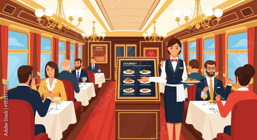 Waitress serving food in a luxury train dining car.