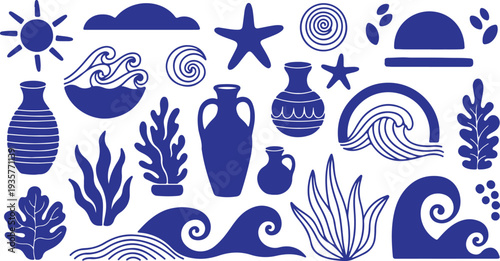 A fun and colorful summer vector bundle featuring beach umbrellas, deck chairs, sunglasses, seashells, hats, cameras, pineapples, palm trees, sailing boats, waves, cocktails, and tropical florals