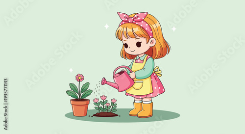 Cute little girl watering plants in a garden.