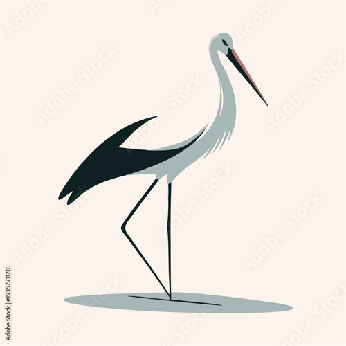 A majestic white stork stands gracefully in the shallow water, showcasing its elegant feathers and sharp beak in a serene nature scene filled with wild bird life