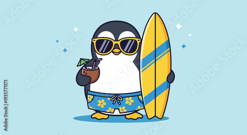 Cute Penguin Ready for Summer Surfing Adventure Vector Illustration.