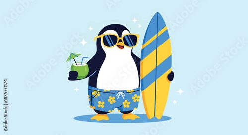 Cute Penguin Ready for Summer Surfing Adventure Vector Illustration.