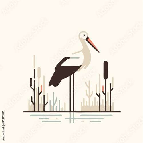 A wild white stork with a red beak and black feathers tends to its baby in a nest surrounded by nature and wildlife