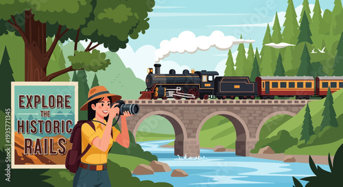 Woman Photographer Capturing Scenic Train Journey.