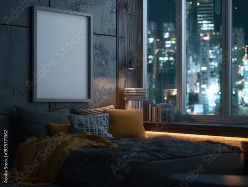 Cozy bedroom with warm lighting and city view. Blank frame hangs above the bed. Dark walls contrast soft yellow bedding. Books stack beside a sleek nightstand. City lights shine through large window