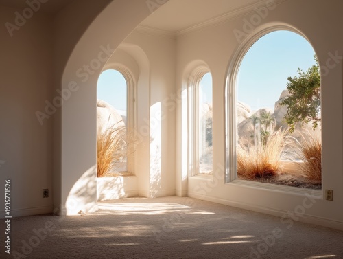 Sunlight streams through arched windows. Beige walls frame serene, empty room. Carpeted floor catches gentle shadows. Outdoor desert plants frame bright scene. Clear sky and distant hills beyond glass