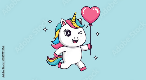 Cute Unicorn Holding Heart Balloon Cartoon Vector Icon Illustration.