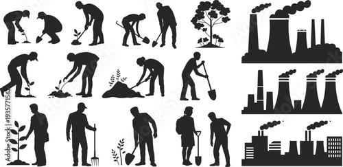 Environmental protection silhouettes showing tree planting and industrial pollution contrast, eco conservation versus factory emissions isolated on white background illustration