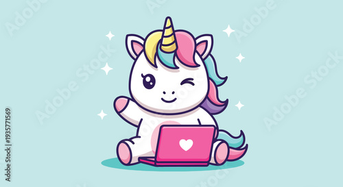 Cute Unicorn Winking While Using Laptop Vector.