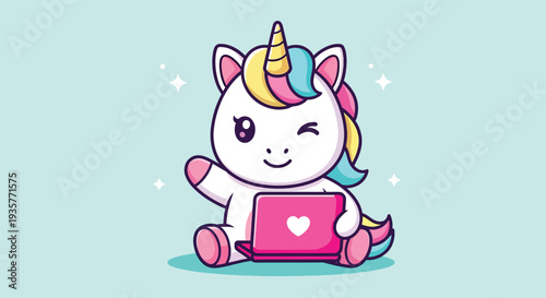 Cute Unicorn Winking While Using Laptop.