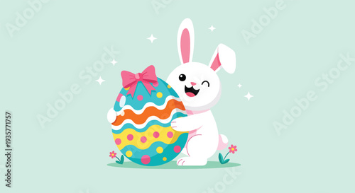 Happy Easter bunny holding a large decorated egg celebrating the spring holiday with joy and cheer.