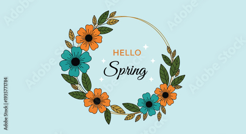 Hello Spring Floral Wreath Illustration.