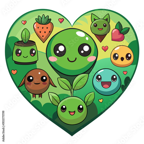 A heart-shaped illustration of cute cartoon characters and plants with smiling faces and colorful hearts, conveying love and happiness in a playful and whimsical style.