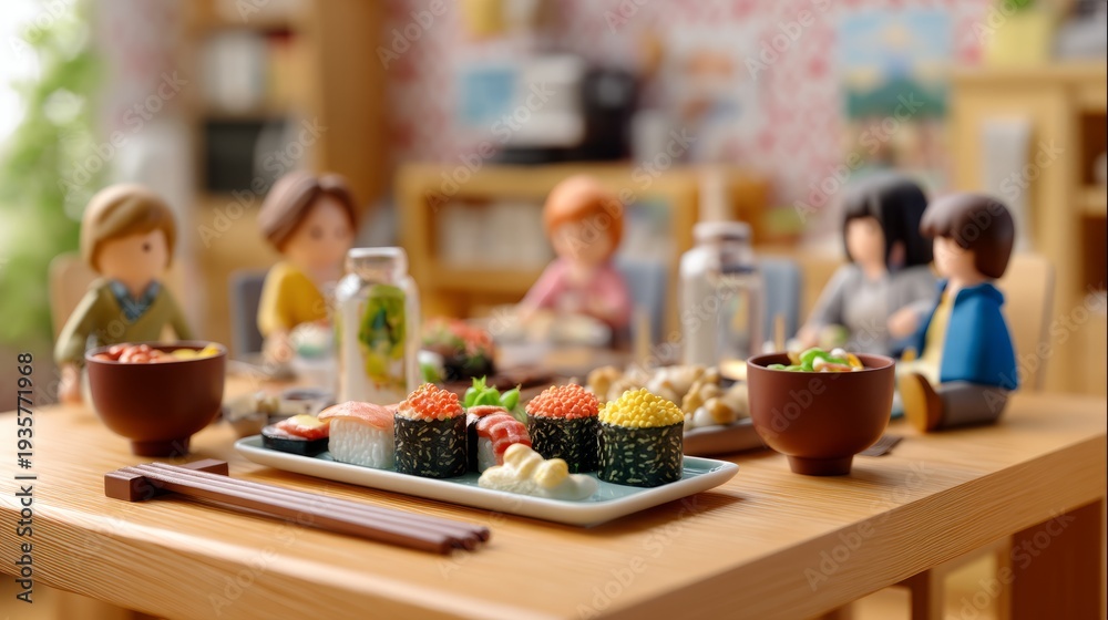Naklejka premium Fine Dining Experience with Sushi Platters and Miso Soup in a Cozy Setting