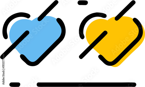 Rejected or disapproved heart symbols in blue and yellow colors on white background with black outlines and lines indicating cancellation or refusal.