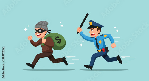 Police officer chasing a thief with a bag of money Vector.