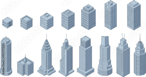 Isometric city skyscraper and building collection, modern and classic architectural landmarks, urban skyline elements, high-rise commercial and residential tower vector set