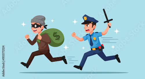 Police officer chasing a thief with a bag of money Vector Illustration.