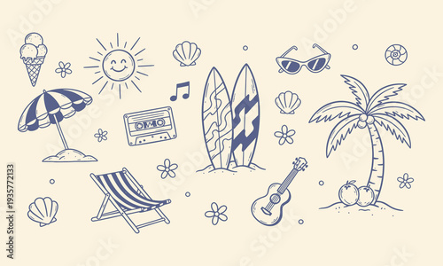 Hand drawn doodle pattern of tropical beach elements including palm trees surfboards umbrellas. Graphic background elements