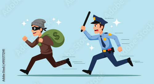 Police officer chasing a thief with a bag of money.