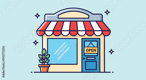 Small Business Storefront with Open Sign and Awning Vector Illustration.
