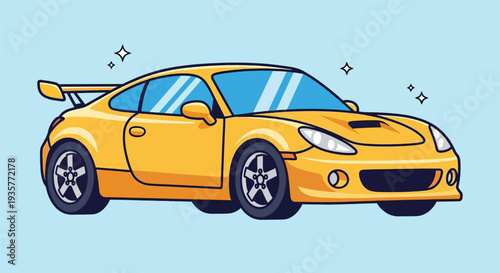 Sleek Yellow Sports Car with Spoiler on Light Blue Background.