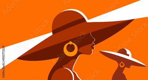 Vector illustration of two women wearing large hats