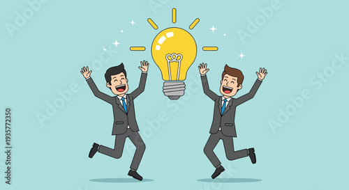 Two businessmen celebrating a new idea with a glowing lightbulb Vector Illustration.