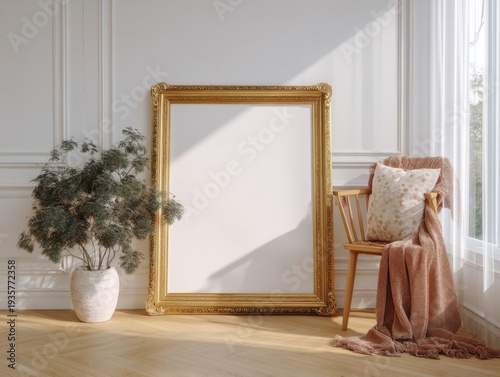 Golden frame leans against white paneled wall. Soft light streams through nearby window. Wooden chair holds cozy blanket and pillow. Plant in textured pot adds natural touch