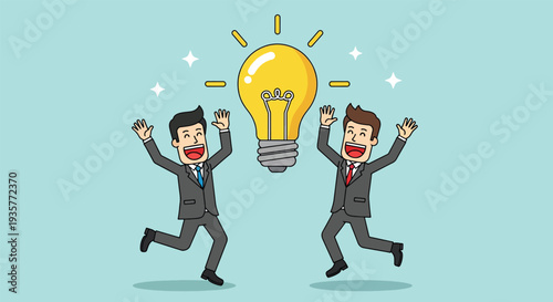 Two Businessmen Celebrating a Bright Idea with a Lightbulb.