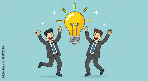 Two businessmen celebrating a new idea with a glowing lightbulb.