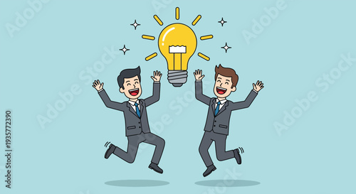 Two businessmen jumping with a bright idea lightbulb above them symbolizing success and innovation.